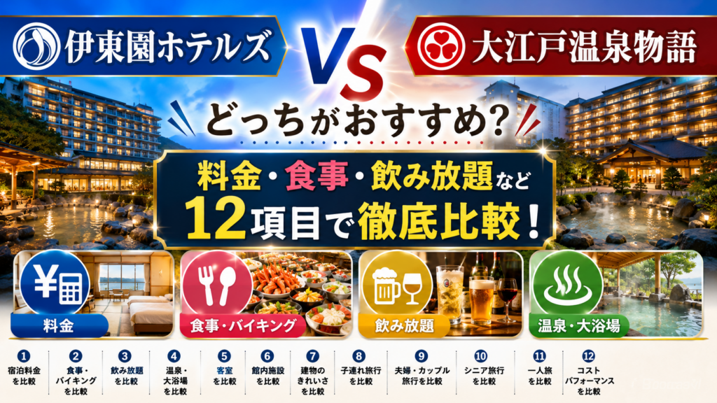 伊東園ホテルズと大江戸温泉はどっち?料金・食事・飲み放題を徹底比較
