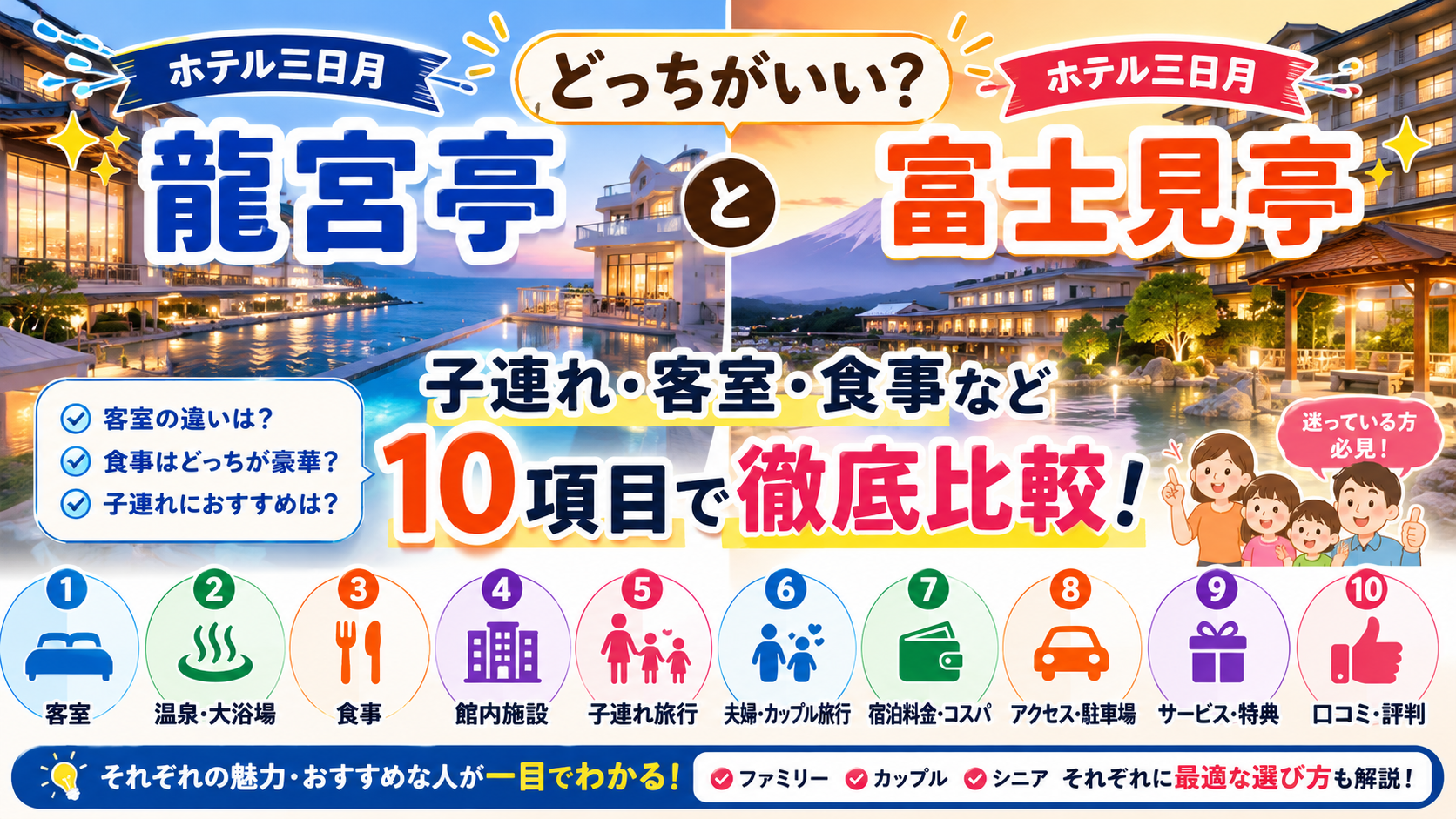 ホテル三日月龍宮亭と富士見亭の違いは?どっちがいいか子連れ・客室・食事など10項目で徹底比較!