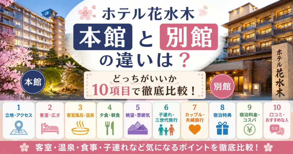 ホテル花水木の本館と別館の違いは?どっちがいいか客室・温泉・食事・子連れなど10項目で徹底比較!