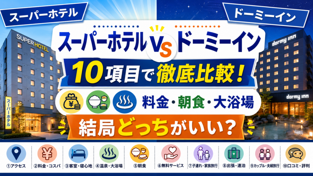 スーパーホテルとドーミーインの違いは?どっちがいいか料金・朝食・大浴場など10項