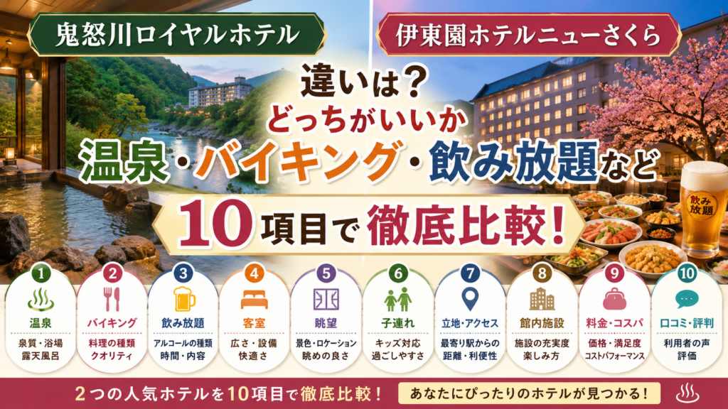 鬼怒川ロイヤルホテルと伊東園ホテルニューさくらの違いは?どっちがいいか温泉・バイキング・飲み放題など10項目で徹底比較