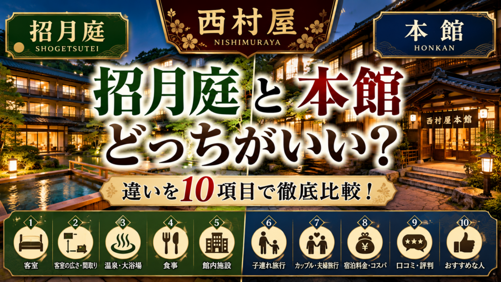 西村屋ホテル招月庭と西村屋本館の違いは?どっちがいいか客室・温泉・食事など10項目で徹底比較!