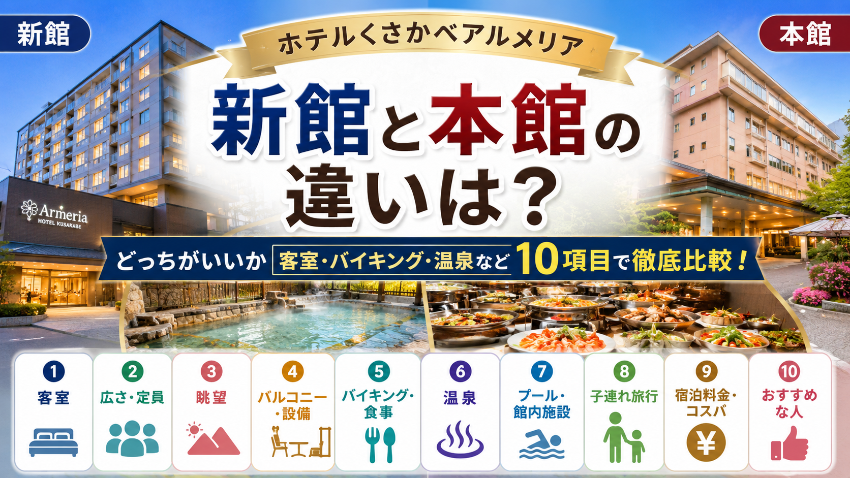 ホテルくさかべアルメリアの新館と本館の違いは？どっちがいいか客室・バイキング・温泉など10項目で徹底比較！
