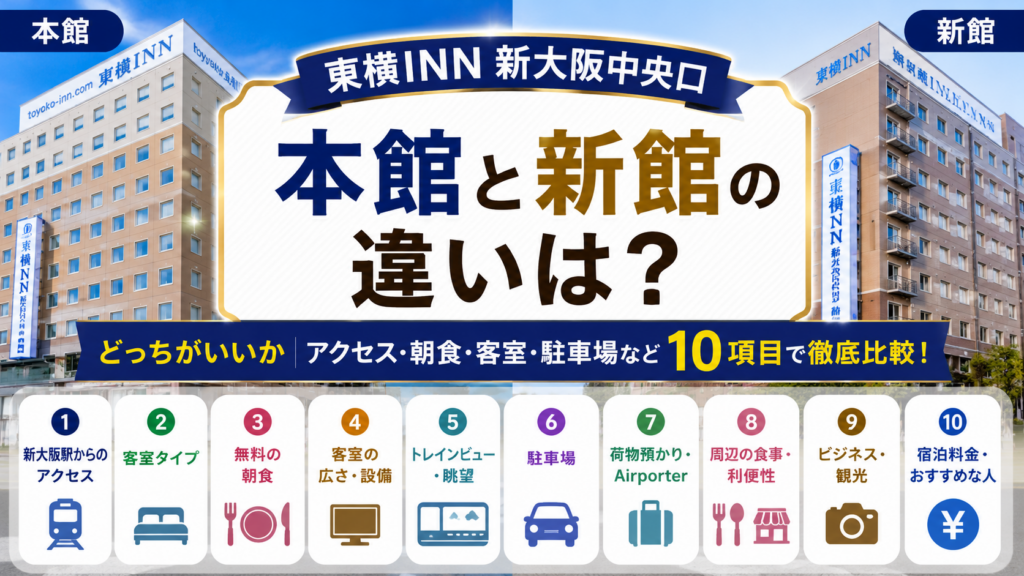 東横INN新大阪中央口本館と新館の違いは？どっちがいいかアクセス・朝食・客室・駐車場など10項目で徹底比較！