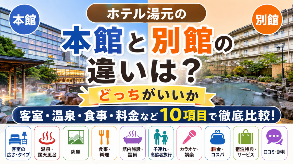ホテル湯元の本館と別館の違いは?どっちがいいか客室・温泉・食事・料金など10項目で徹底比較!