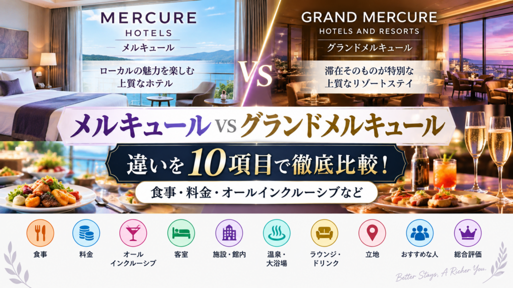 メルキュールとグランドメルキュールの違いは?どっちがいいか食事・料金・オールインクルーシブなど10項目で徹底比較!