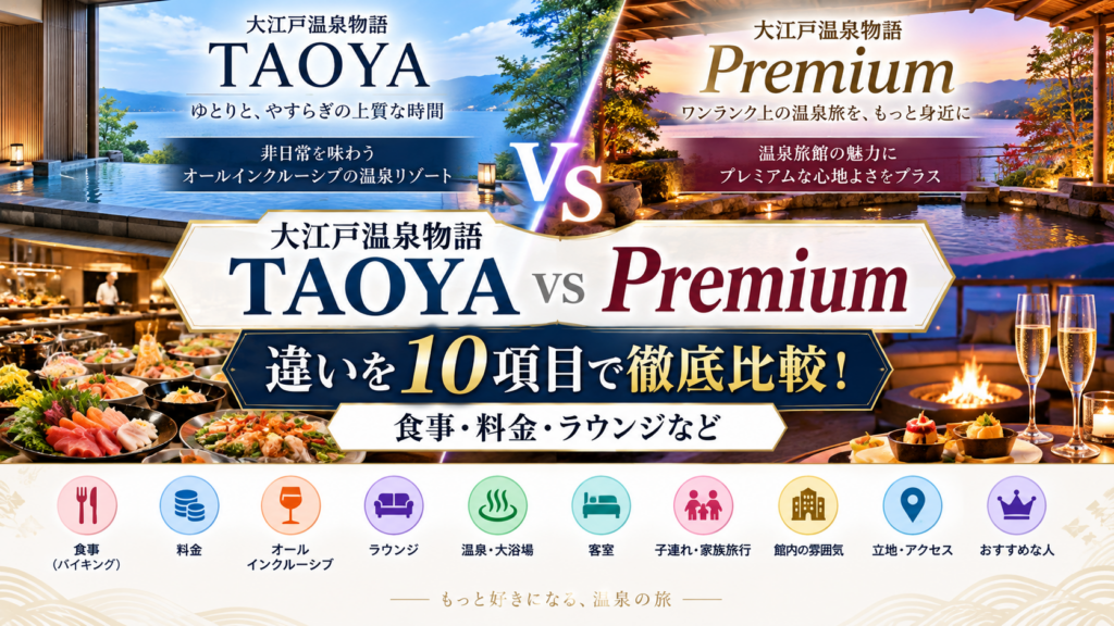 大江戸温泉物語TAOYAとPremiumの違いは?どっちがいいか食事・料金・ラウンジなど10項目で徹底比較!