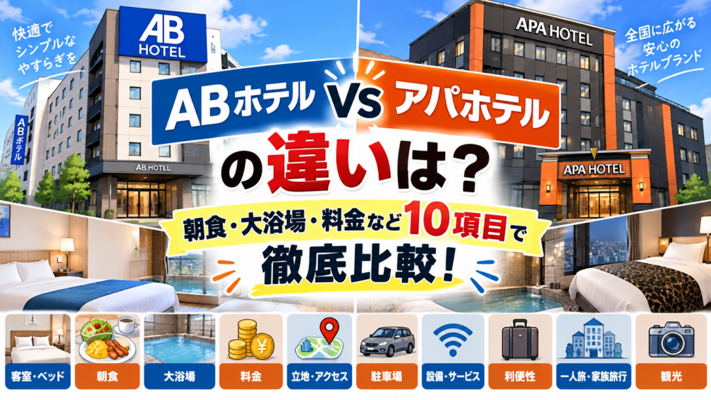 ABホテルとアパホテルの違いは？どっちがいいか朝食・大浴場・料金など10項目で徹底比較！