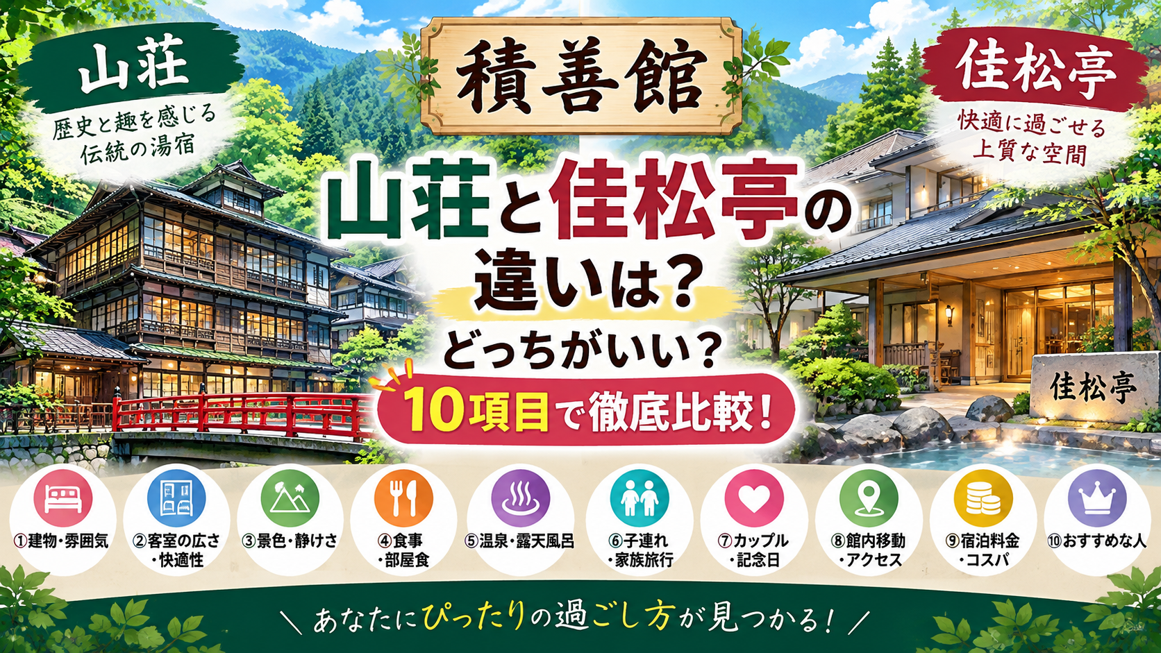 積善館 山荘と佳松亭の違いは？どっちがいいか客室・食事・温泉など10項目で徹底比較！