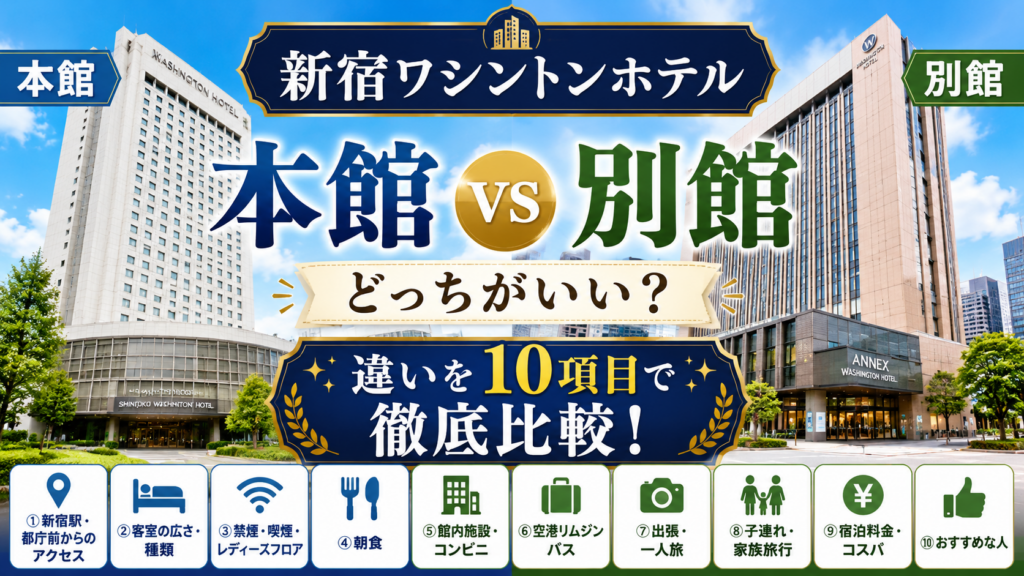 新宿ワシントンホテル本館と別館の違いは?どっちがいいか客室・朝食・アクセスなど10項目で徹底比較!