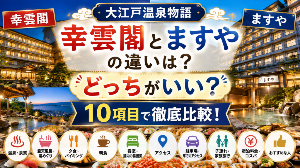 大江戸温泉物語 幸雲閣とますやの違いは?どっちがいいか温泉・バイキング・料金など10項目で徹底比較!
