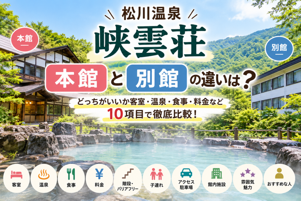松川温泉 峡雲荘の本館と別館の違いは?どっちがいいか客室・温泉・食事・料金など10項目で徹底比較!