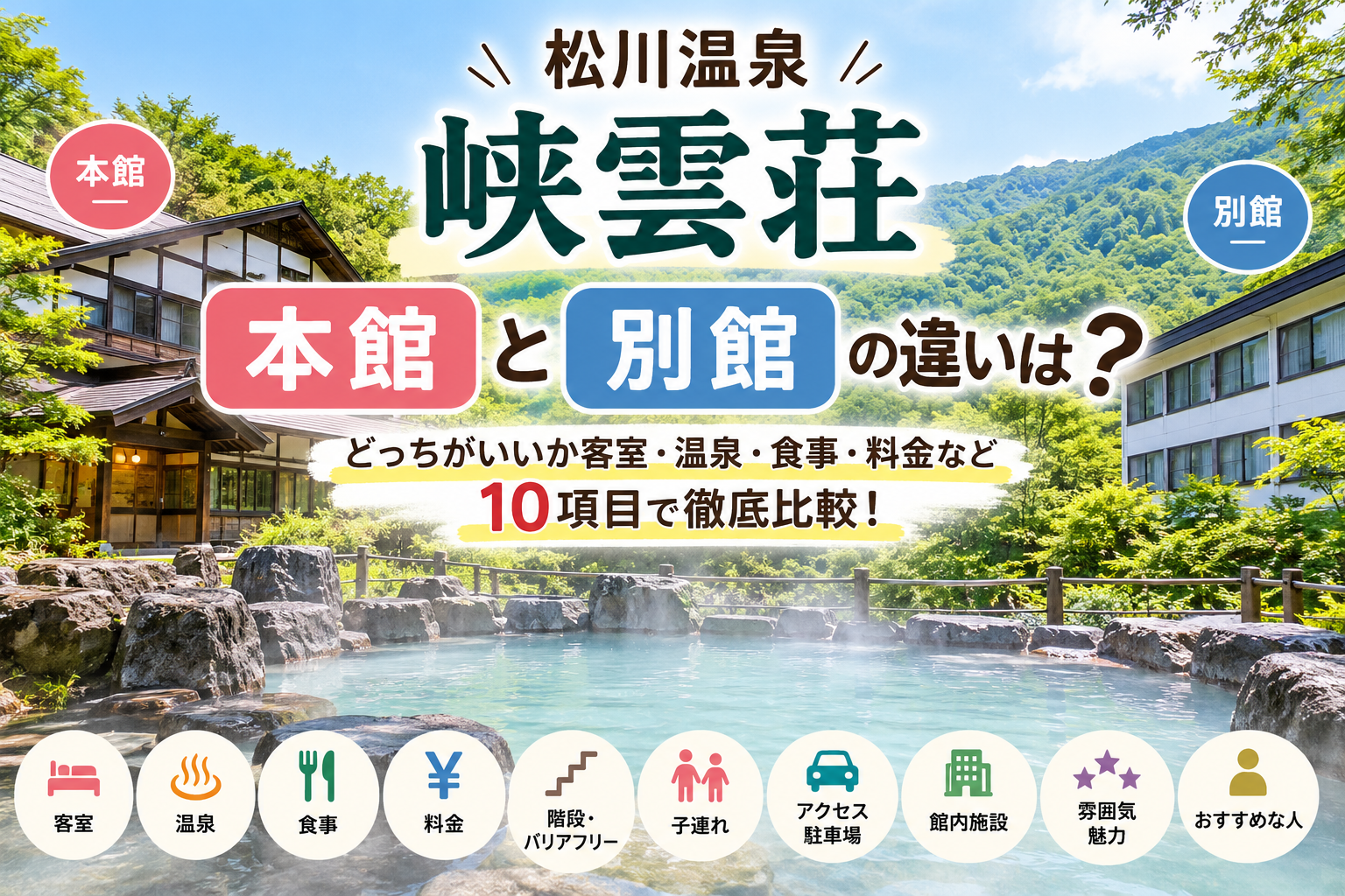 松川温泉 峡雲荘の本館と別館の違いは？どっちがいいか客室・温泉・食事・料金など10項目で徹底比較！