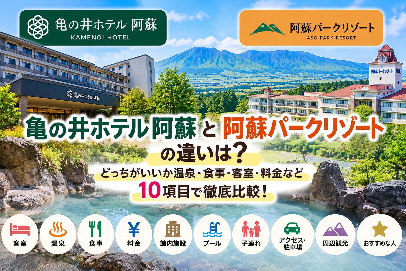 亀の井ホテル阿蘇と阿蘇パークリゾートの違いは？どっちがいいか温泉・食事・客室・料金など10項目で徹底比較！