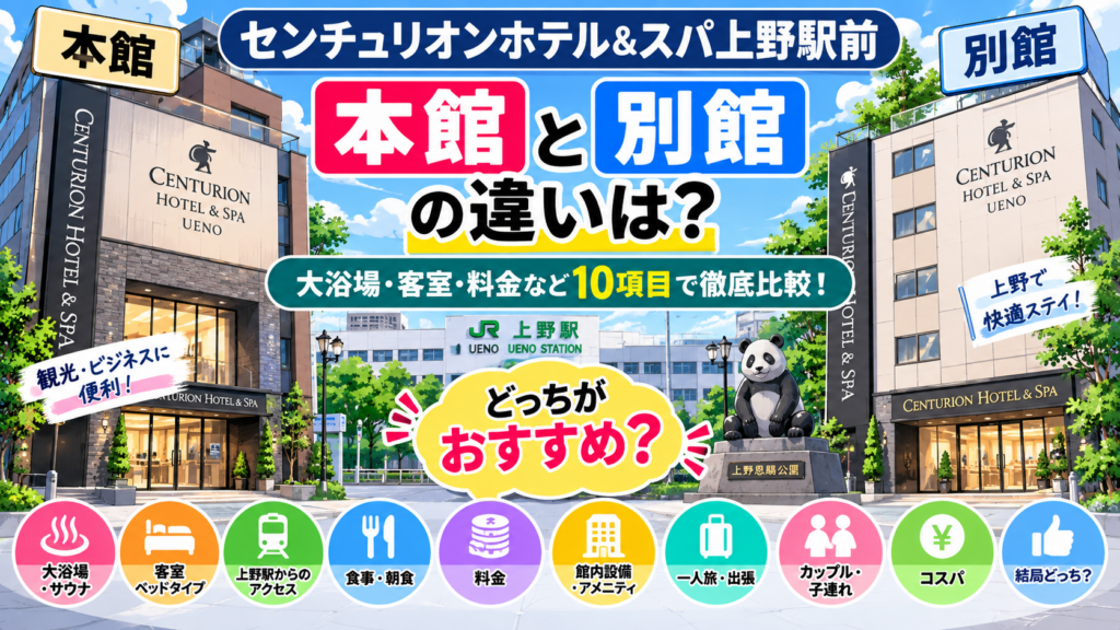 センチュリオンホテル&スパ上野駅前の本館と別館の違いは?どっちがいいか大浴場・客室・料金など10項目で徹底比較!