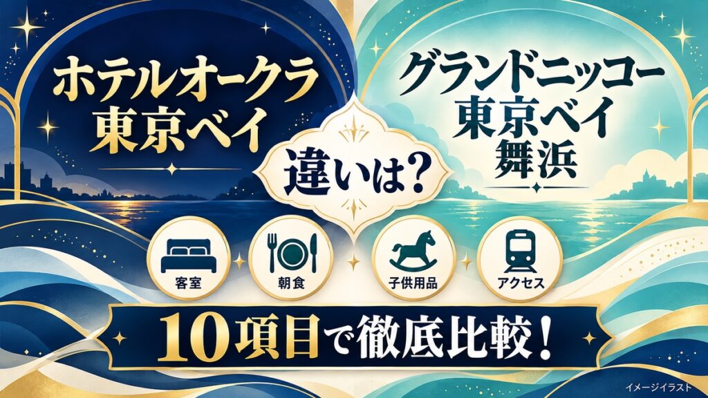 ホテルオークラ東京ベイとグランドニッコー東京ベイ舞浜を客室や朝食など10項目で比較する案内イラスト
