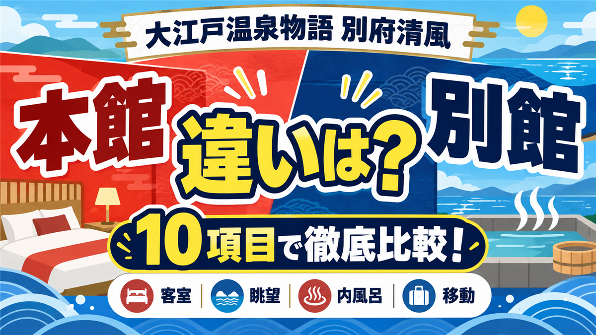 大江戸温泉物語別府清風の本館と別館を、客室・眺望・内風呂・移動など10項目で比較するイラスト