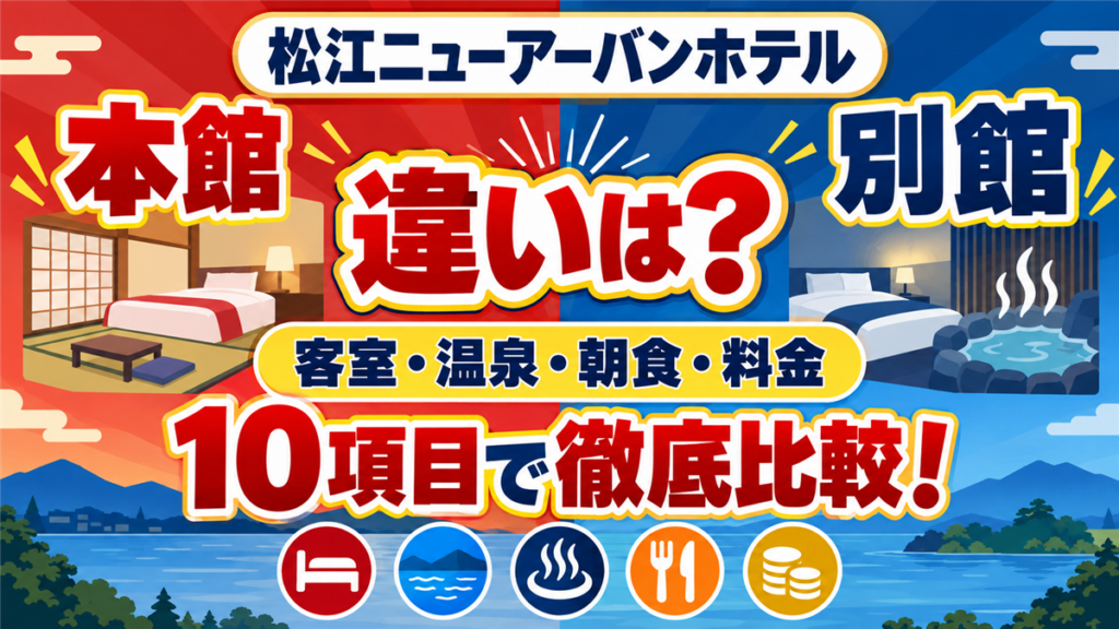 松江ニューアーバンホテル本館と別館の客室・温泉・朝食・料金を10項目で比較する案内画像
